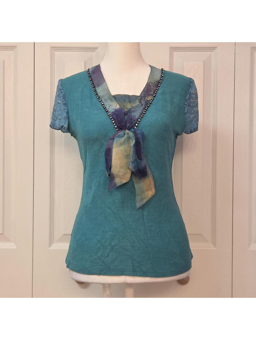 Vintage Y2K Teal Tie Dye Beaded Sailor Blouse Size S/M Mermaid Fairy Fitted Top